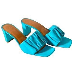 Staud Francine Heel Turquoise Blue Ruched Leather Slip-On Mules/Slides EU 39/US9